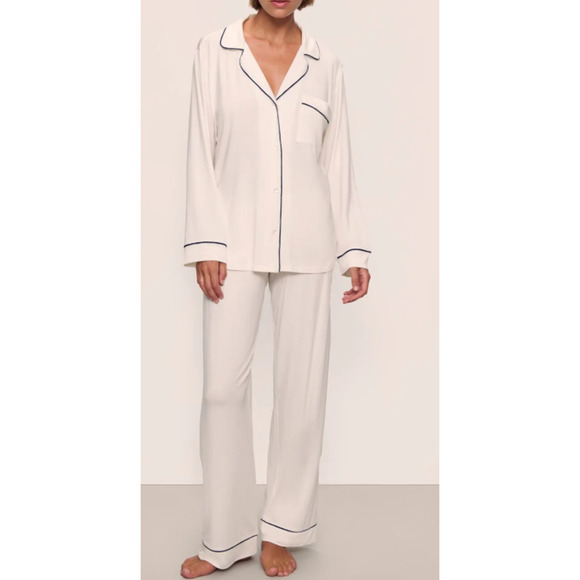 New Eberjey Gisele TENCEL Modal Long PJ Set, White and Navy Size Medium - Picture 1 of 4